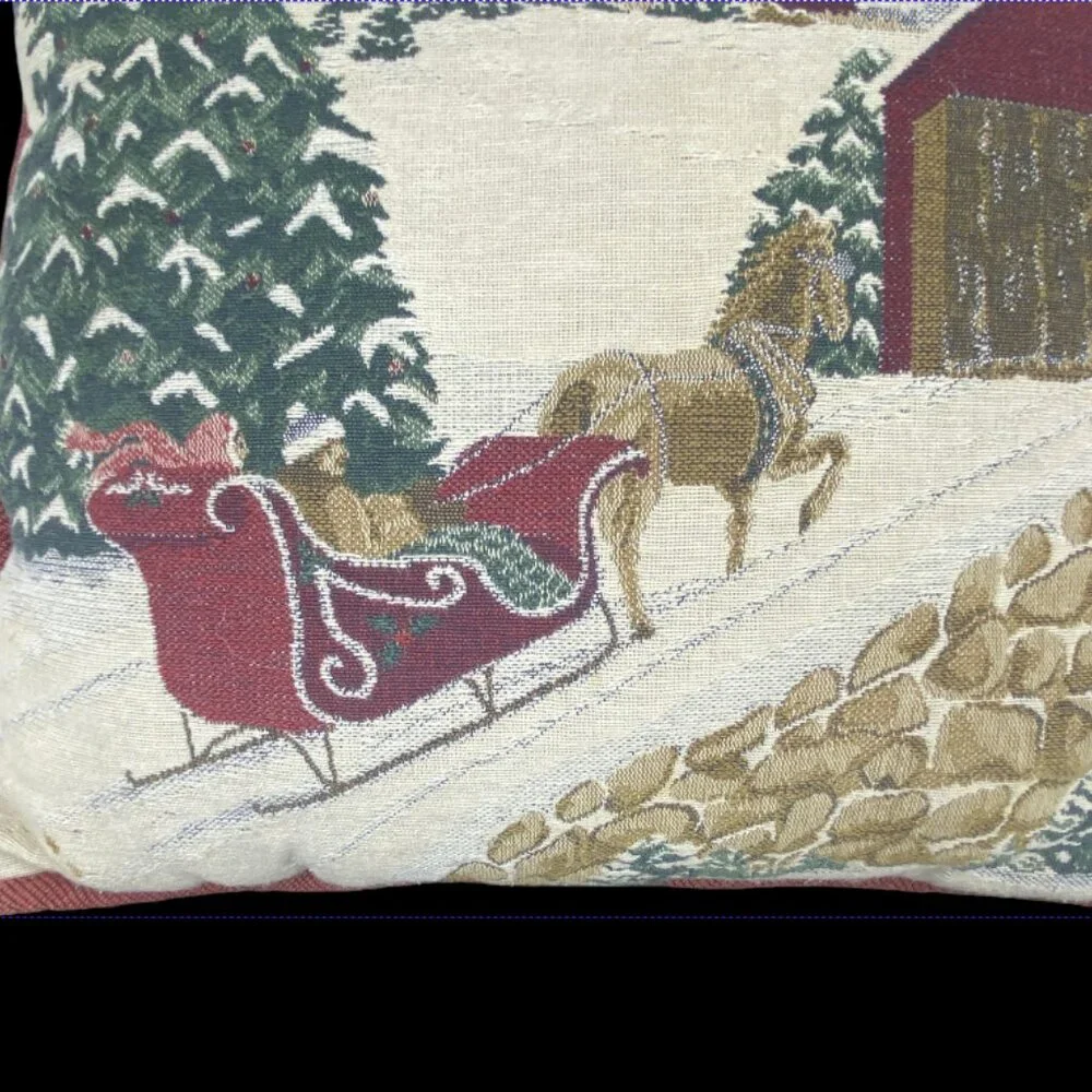 CHRISTMAS THROW PILLOWS -- Set of 2, Classic Santa/Winter Sleigh Scene, Vintage